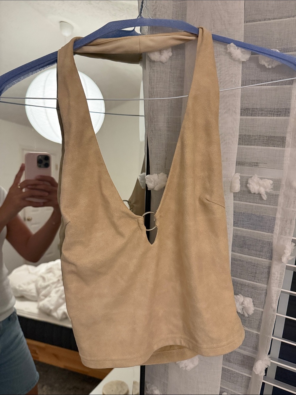 Beige Suede-Look Halter Tank Top